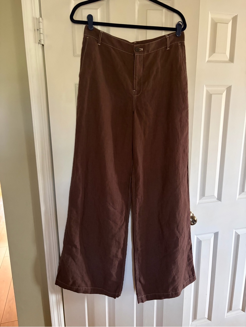 Madewell Zoe Floppy Wide-Leg Linen Pants in Dark Brown/White Stitching Size 6 - Picture 2 of 11